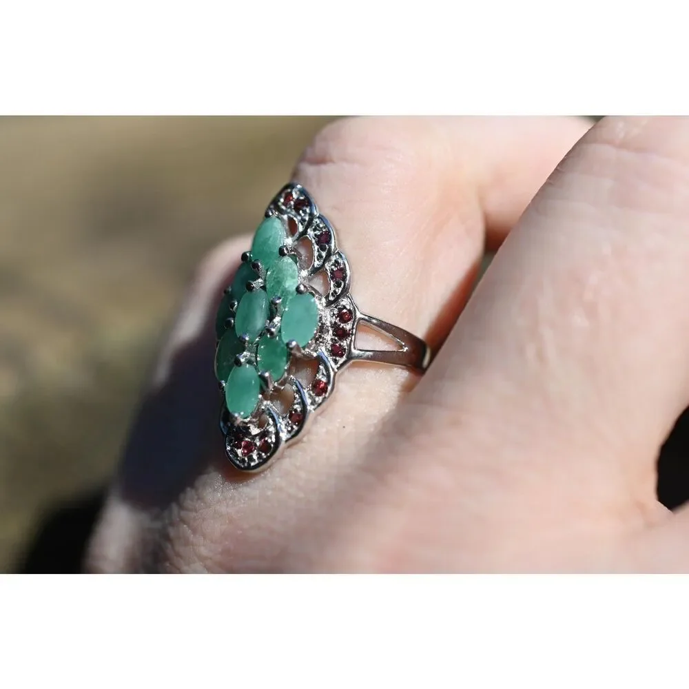 Emerald and garnet engagement ring size 8 in 925 sterling silver